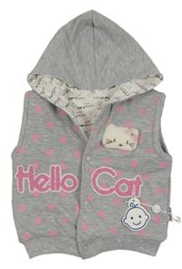 Nové - Šedá melírovaná puntíkatáý tepláková zateplená vesta s kočkou a kapucí