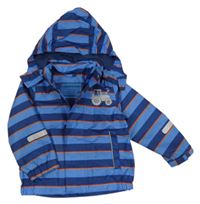 Tmavomodro-oranžová pruhovaná šusťáková podzimní bunda s traktorem a kapucí Pocopiano