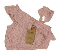 Nové - Růžovo-bílý vzorovaný crop top s volánkem Next