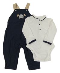 2Set - Tmavomodré laclové tepláky s krabem + bílo/tmavomodré žebrované body s límečkem OBaïBi