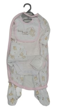 Nové - 5set - Bílý overal + pruhované body + bryndák + čepice + rukavice Nursery Time