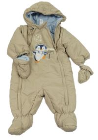 Béžová šusťáková zimní kombinéza s tučňákem a kapucí + rukavice C&A