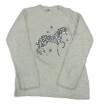 Bílý chlupatý svetr s jednorožcem z flitrů Yigga