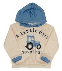 Broskvovo-modrá mikina s traktorem a kapucí 