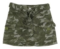 Khaki-světlemodrá army riflová sukně s kapsami a páskem Justice 