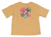 Oranžové tričko s tukanem a květy 