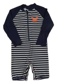 Tmavomodro-bílý pruhovaný UV overal s krabem Topomini 