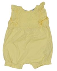 Žlutý bavlněný kraťasový overal s květy a volánky Primigi