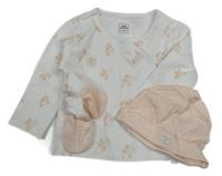 Nové - 3set - Bílé květované zavinovací triko + pruhovaná čepice + rukavice Mini Cuddles