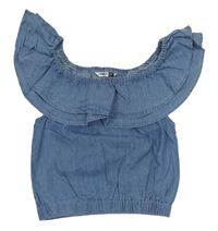 Modrý lehký riflový halenkový crop top s volánkem PEP&CO