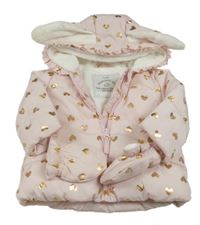 Světlerůžová prošívaná šusťáková zimní bunda se zlatými srdíčky a kapucí s oušky + rukavice George