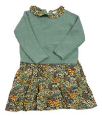 Olivovo-černé melírované květované svetrovo/lehké šaty s volánkem Next