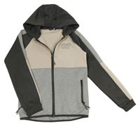 Šedo-světlebéžovo-tmavošedá melírovaná propínací sportovní mikina s nápisy a kapucí PEP&CO