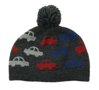 Tmavošedá melírovaná pletená čepice s auty a bambulí M&S