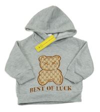 Nové - šedá melírovaná teplá mikina s medvídkem a nápisem a kapucí SHEIN