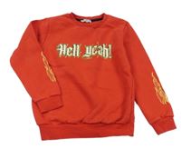 Červená teplá mikina s nápisem a plameny