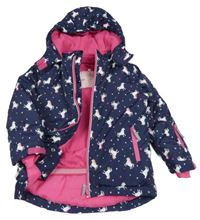 Tmavomodrá šusťáková zimní lyžařská bunda s jednorožci a kapucí Topolino