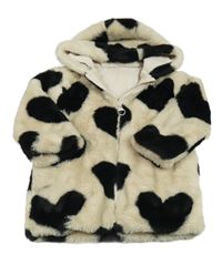 Smetanovo-černý kožešinový podšitý kabát se srdíčky a kapucí St. Bernard