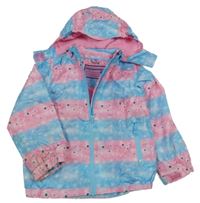 Světlemodro-růžová pruhovaná batikovaná šusťáková jarní bunda s hvězdičkami a odepínací kapucí POCOPIANO