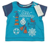 Nové - modrozeleno-tmavomodré tričko s majákem a kormidlem a nápisy miniclub