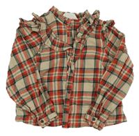 Béžovo-červeno-smaragdovo-zlatá kostkovaná halenka s volánky H&M