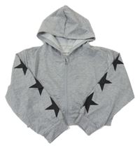 Šedá melírovaná propínací oversize crop mikina s hvězdičkami a kapucí
