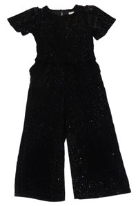 Černý třpytivý sametový kalhotový slavnostní culottes overal s volánkem F&F