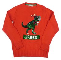 Červený svetr s dinosaurem s překlápěcích flitrů s vánočním motivem H&M