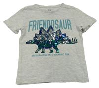 Světlešedé melírované tričko s dinosaurem z překlápěcích flitrů C&A
