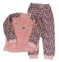 Růžové chlupato/plyšové pyžamo s leopardím vzorem a kočkou zn. Pocopiano