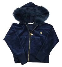 Tmavomodrá sametová propínací mikina s kapucí s kožešinou