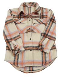 Béžovo-černo-oranžová kostkovaná vlněná košilová bunda M&S