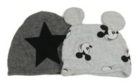 2x bavlněná čepice - šedá melírovaná s Mickeym + tmavošedá žebrovaná s hvězdou