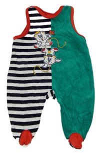 Zeleno-tmavomodro-bílé sametové dupačky s medvědem a pruhy