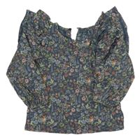 Tmavomodré květované triko s volánky Next