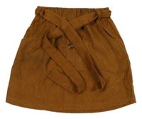 Hnědá žebrovaná sukně s knoflíky a páskem Shein