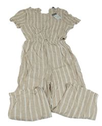 Nové - Béžovo-bílý pruhovaný lněný culottes overal s průstřihy Primark