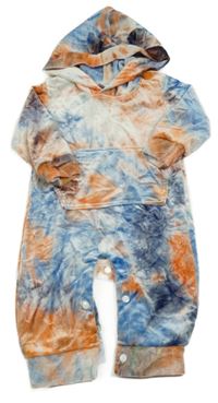 Modro-bílo-oranžová batikovaná sametová kombinéza s kapucí