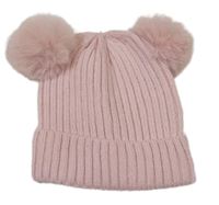 Růžová žebrovaná pletená čepice s bambulemi Primark