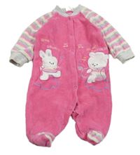 Růžový sametový overal s pruhovanými rukávy a zvířátky 