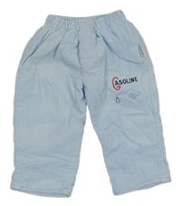 Světlemodré zateplené manšestráky s nápisem 