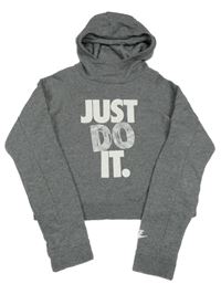 Šedá melírovaná crop mikina s nápisy a kapucí Nike