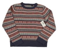 Růžovo-tmavomodro-bílý vzorovaný vlněný svetr 