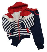 2 set - Bílo-tmavomodro-červená pruhovaná zateplená mikina s kapucí + zateplené tepláky 