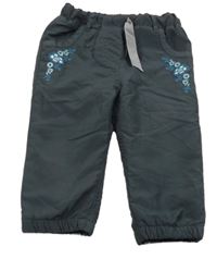 Tmavošedé šusťákové zateplené kalhoty s výšivkou květů Topomini