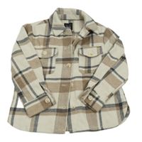 Béžovo-hnědo-černá kostkovaná flaušová košilová bunda 
