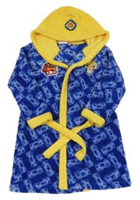 Tmavomodro-žlutý plyšový župan s hasiči a kapucí - Požárník Sam 