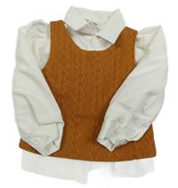 2set - Bílá halenka + Okrová vzorovaná úpletová vesta 