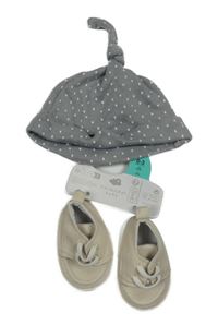 Nové - 2set - Šedá puntíkatá čepice + béžové plátěné capáčky 