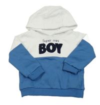 Bílo-modrá mikina s nápisem a kapucí 